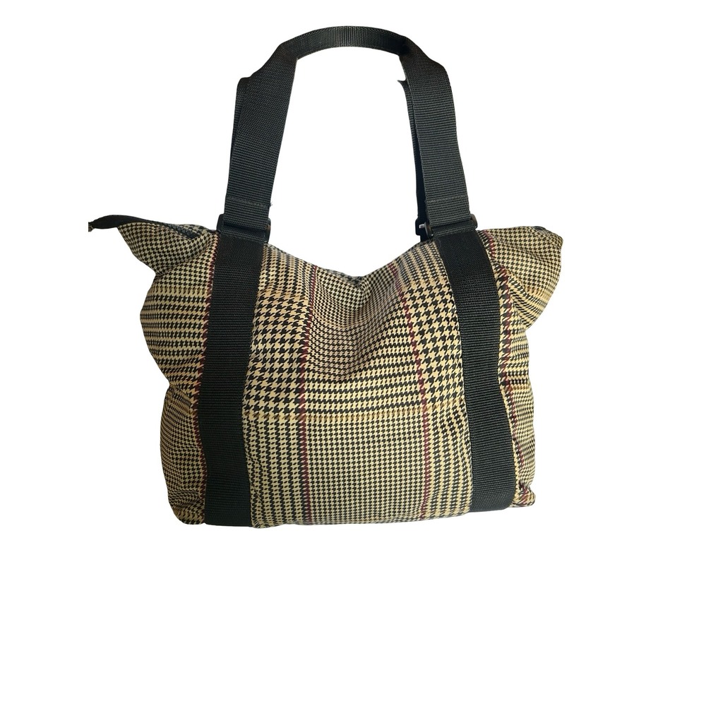 Lauren Ralph Lauren Houndstooth Nylon Tote Bag Tan Black Red Buckle Shoulder Bag - Picture 2 of 9